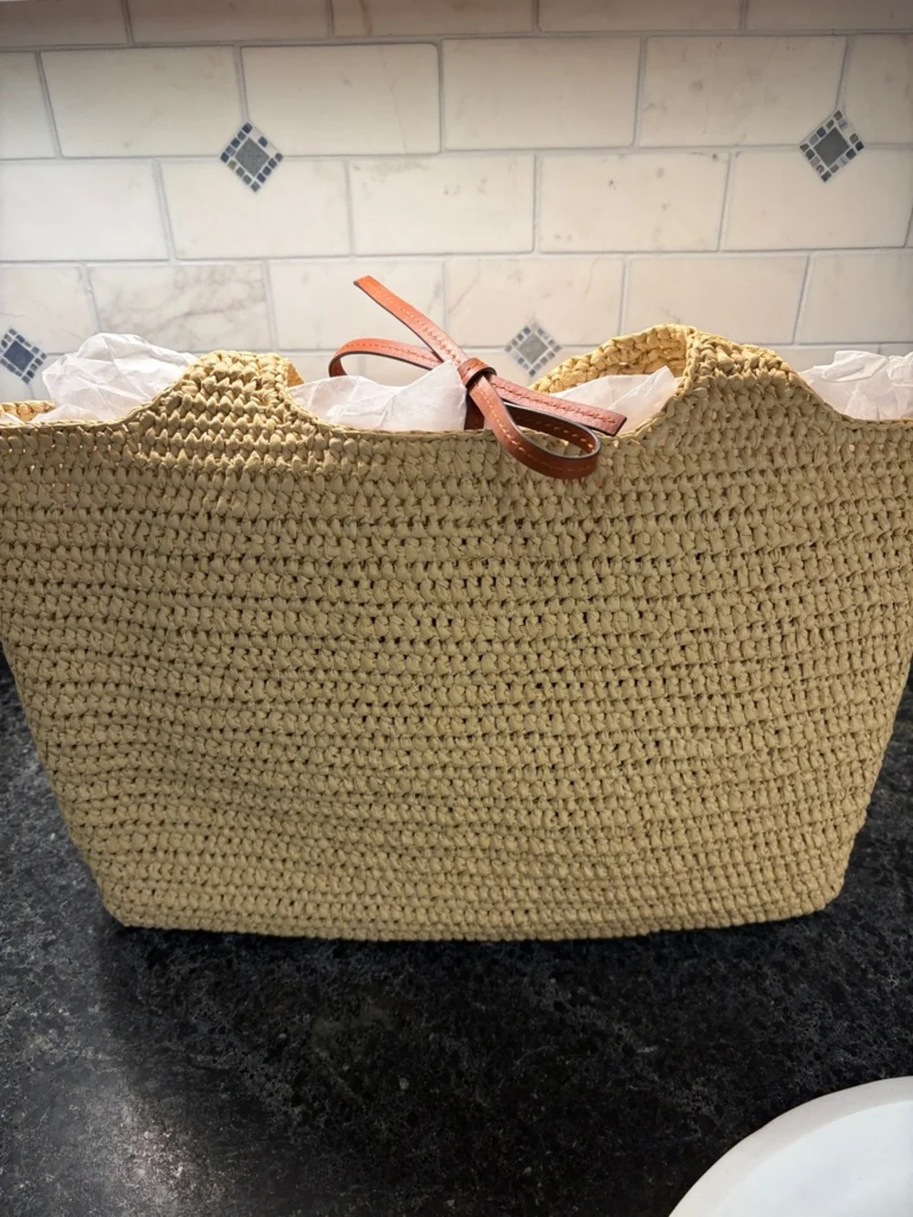 Ulla Johnson Woven Straw Tote with Brown Leather Pocket and Tassel - Picture 3 of 6